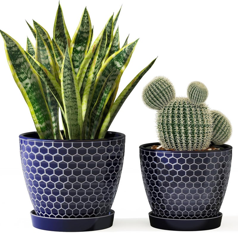 Docrin Store Blue Honeycomb Ceramic Plant Pot Set - 6.6"+5.5" Inch, Modern Decorative Planters with Drainage Holes & Saucers for Indoor/Outdoor Home Office - Image 1